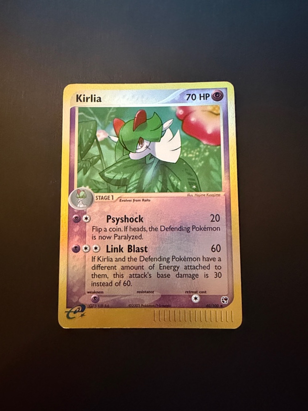 Kirlia Pokémon Holographic Card - Green, White, Red Accents 2003